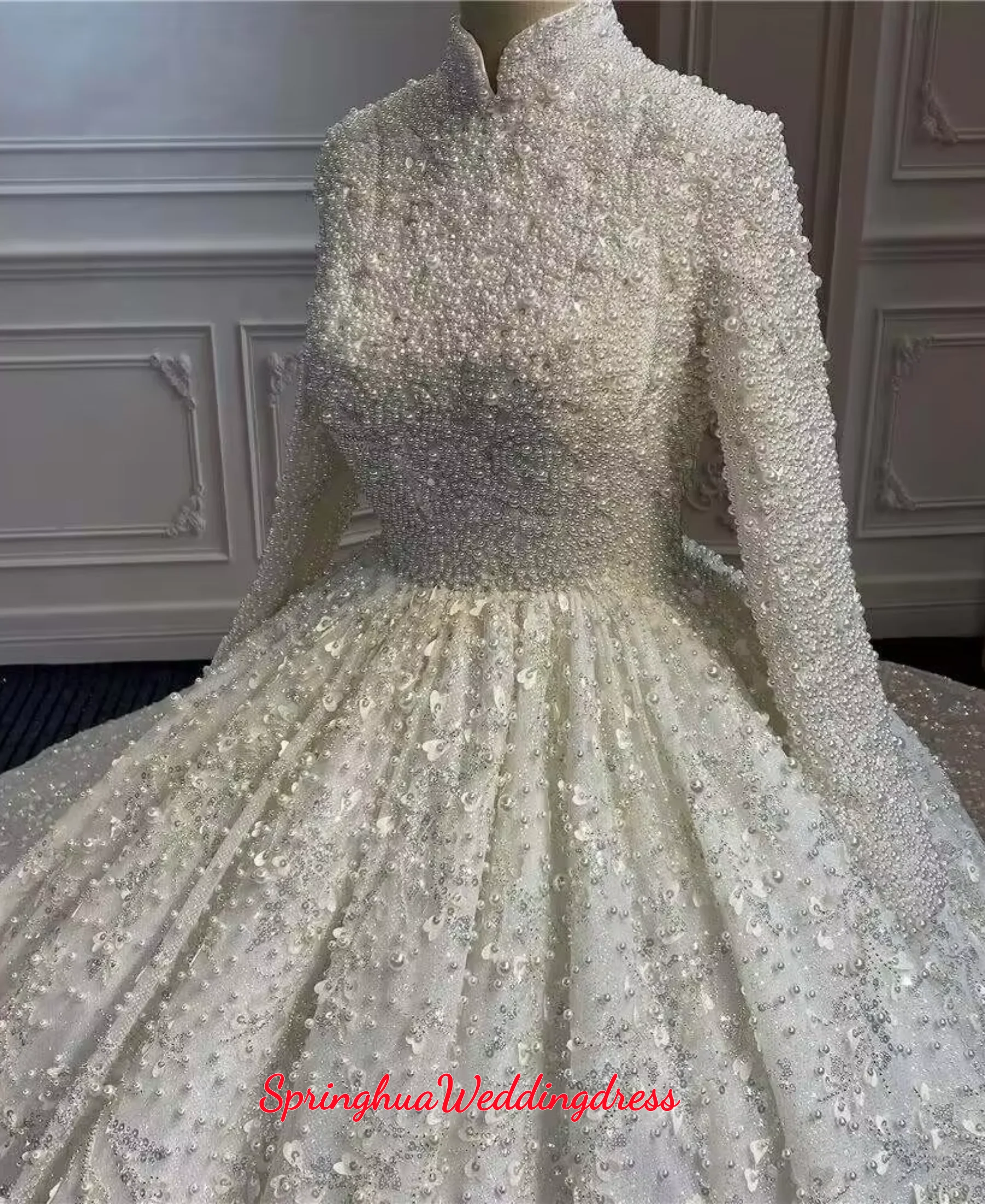 Customzied Sequins Pearls Wedding Dress High Neck Long Sleeves Bridal Gown Ball Gown Sweep Train Dress high-end Vestido De Novia