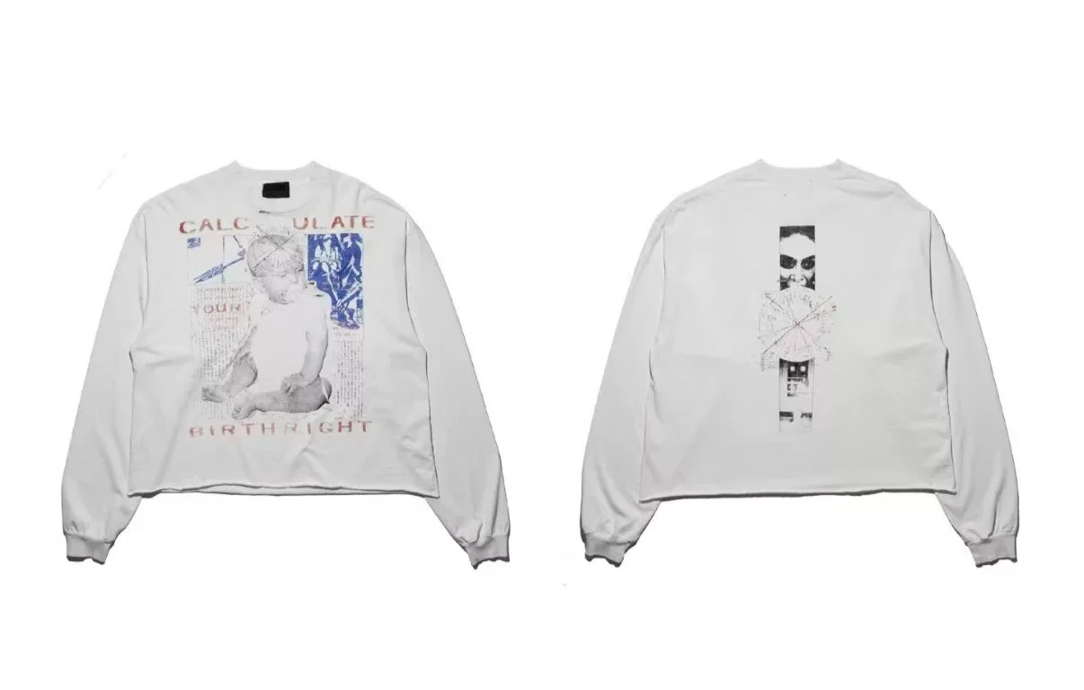 Camiseta de manga larga ER/D 25FW con ilustración de retrato de bebé y diseño de cumpleaños, estilo arte lavado