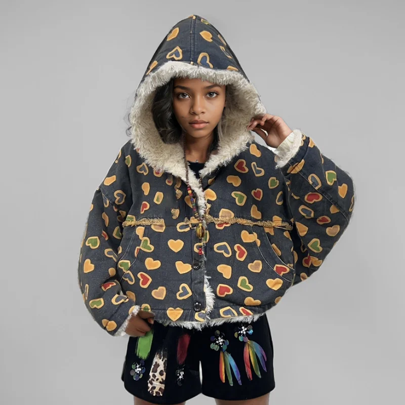 WTHT Vintage Fashion Women's Plush Edge Deisgn Printe Hooded Warm Coat 2024 Winter Long Sleeves Loose Jacket Female 1LS457