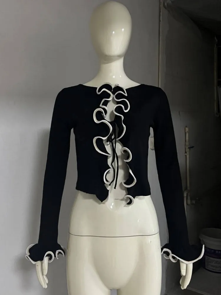 2025 New Fungus Long Sleeve Knitted Cardigan Female Contrast Color Splice Short Top Lace Up Bodycon Sweater Cardigan Lady