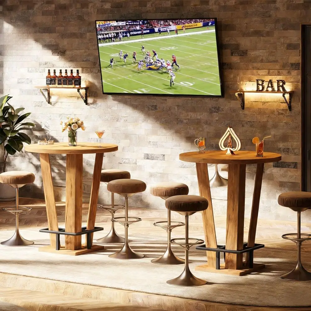 

Round Bar Table, 39.4 H Circle High Top Pub Table with Metal Footrest for Small Spaces, Living Room, Kitchen, Bistro, Cafes 2