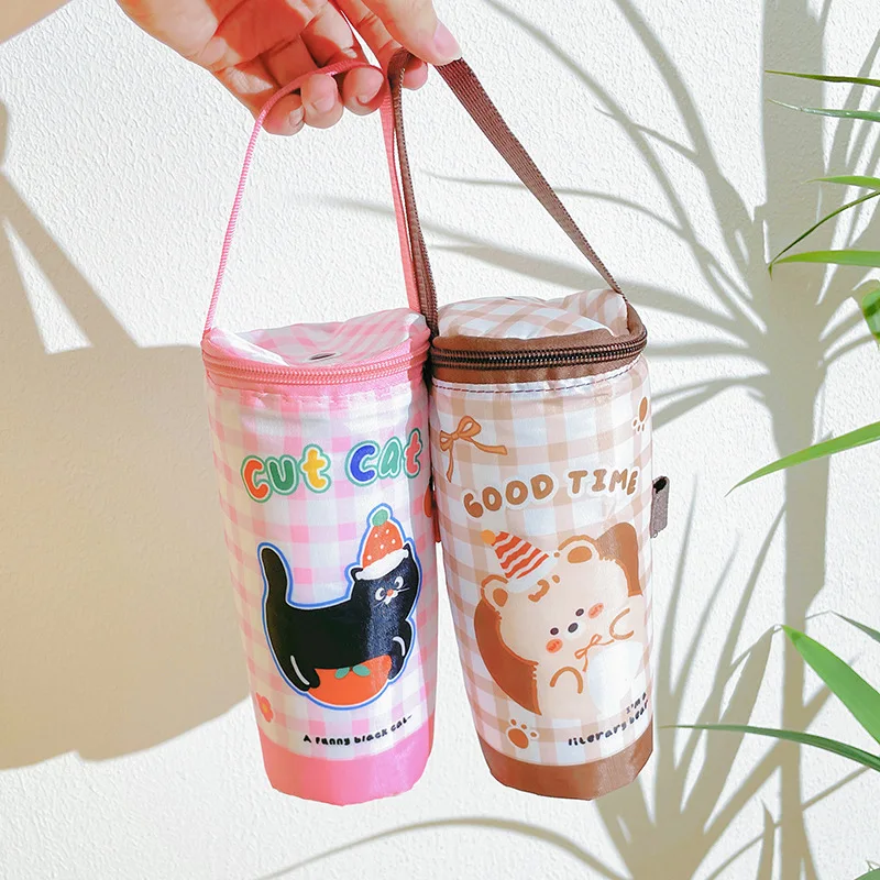 

Insulated Portable Milk Tea Tote Bag Heat Preservation Crossbody Handbag with Hanging Rope Canvas Water Cup Storage for Camping