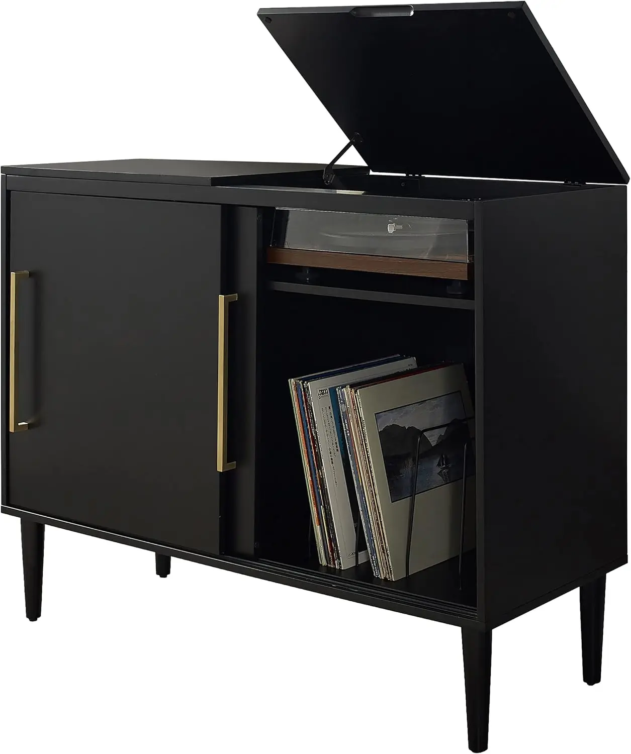 Crosley Furniture Everett Media Console and Record Player Stand with Storage for Vinyl Records, Matte Black