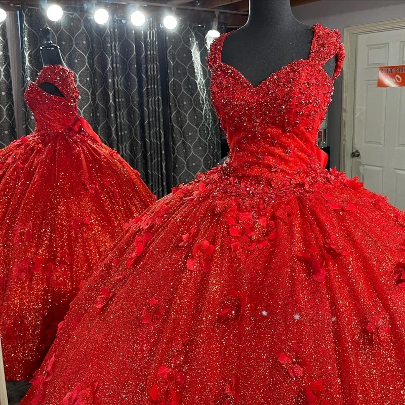 Red Quinceanera Dresses 3D Floral Beading Crystal Lace Flowers Glitter Princess Birthday Party Gowns Corset Vestidos De 15Años