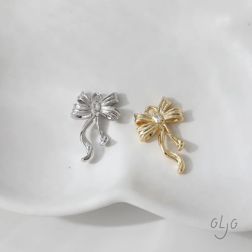 6PCS Dainty Bow Design Charms Jewelry Findings Making Eardrop Supplies DIY Brass 14k Gold Plated Accessories 20*13mm