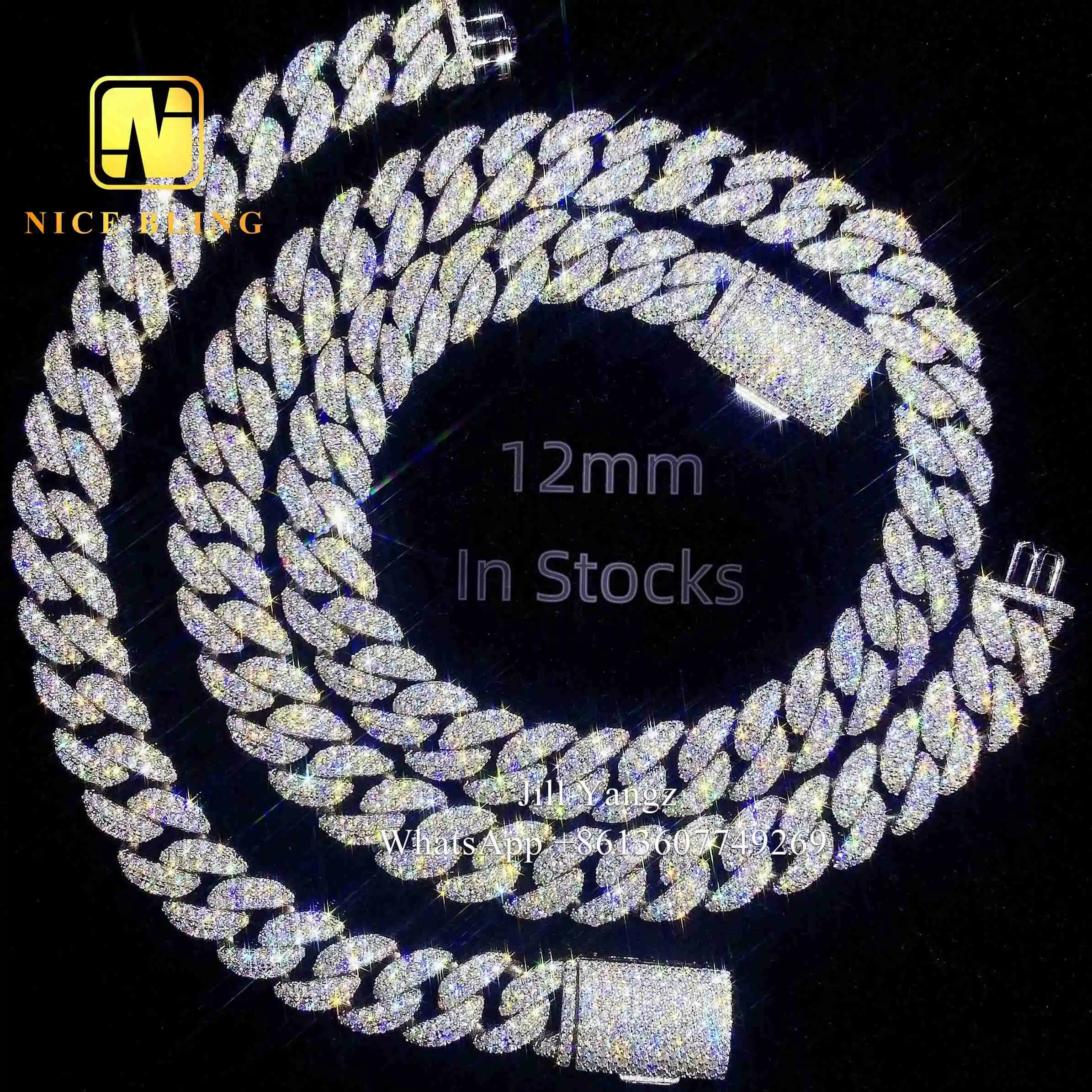 12mm Stocks Ready Moissanite Cuban Bracelet Soldier Chain 18k Gold Plated Necklace Silver Cuban Link Chain Monaco Chain..