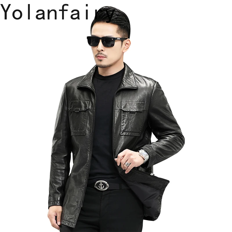 

YOLANFAIRY High-end Oil-wax Sheepskin Leather Jacket Man Mid-length 100% Real Leather Coat Motorcycle Jackets casaco masculino