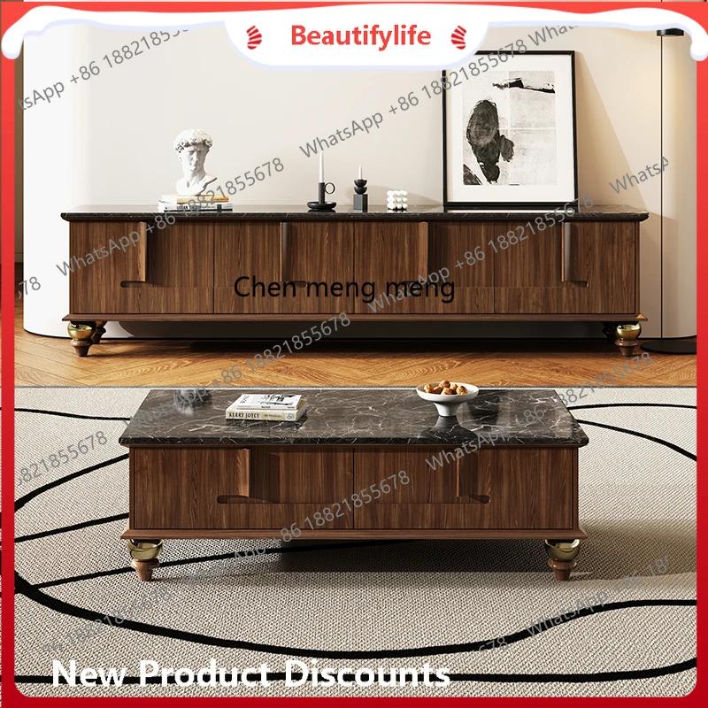 

European and American painted, modern simple marble TV cabinet, simple walnut living room cabinet H