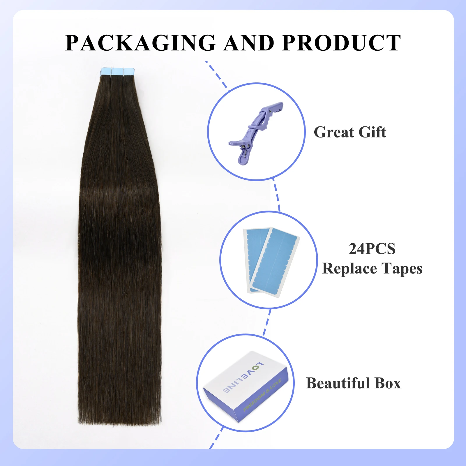 LOVELINE 20pcs 50g Brown Tape in Hair Extensions Human Hair Remy Straight Hair Extensions Invisible PU Skin Weft Hair for Women