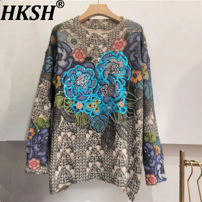 

HKSH Autumn Winter New Women Sweater O-neck Pullover Long Sleeve Printed Sequined Beaded Oversize Casual Ins Knitted Top HK12495