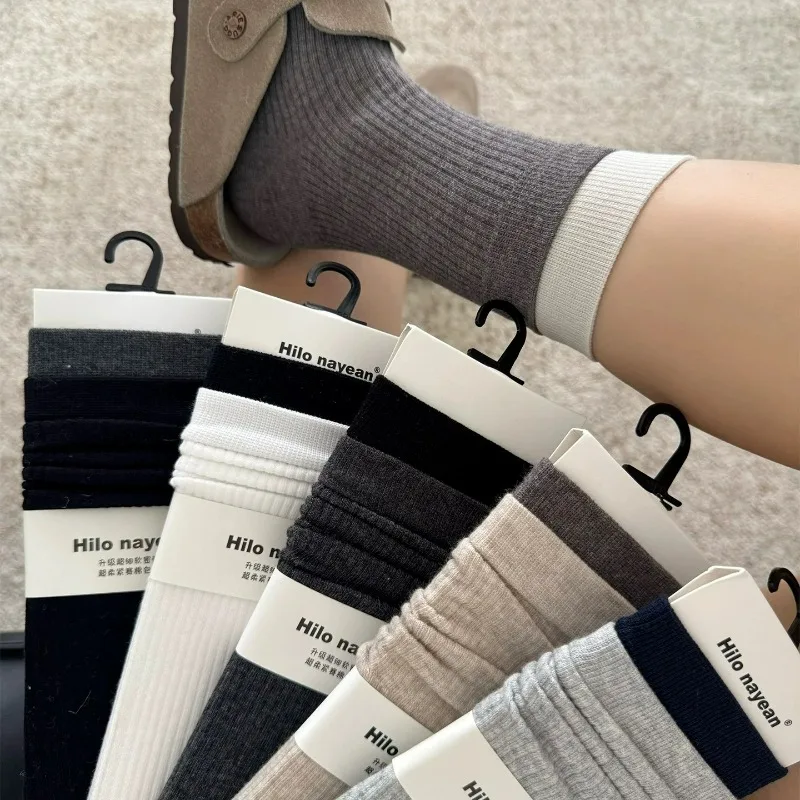 1/4Pairs خليط اللون الجوارب النساء الخريف محبوك وهمية قطعتين منتصف أنبوب جوارب Harajuku بلون جوارب قطنية غير رسمية #2