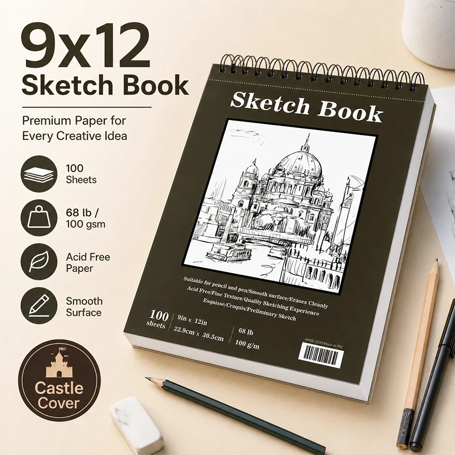 9x12 Inch Spiral Bound Sketch Book 100 Sheets (200 Pages) Acid‑Free Perforated Drawing Notebook For Pencil Pen Artist Sketching