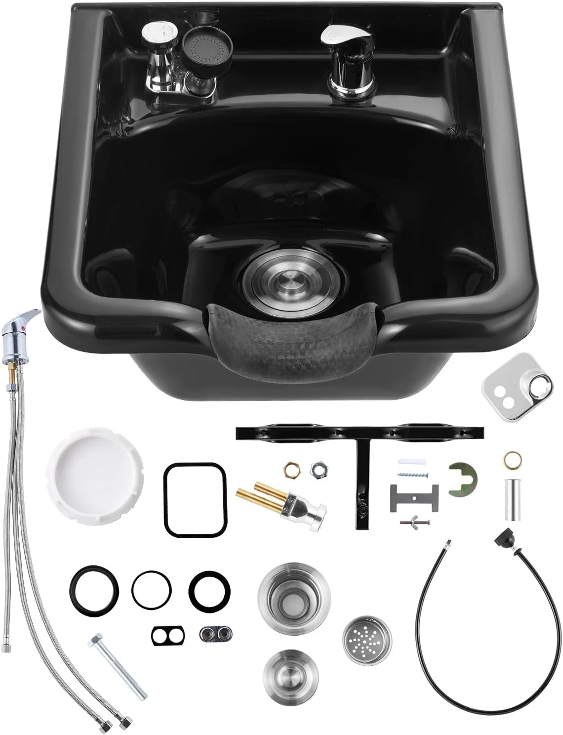 Shampoo Bowl Wall Mounted Plastic Hair Basin Sink with Faucet Vacuum Breaker Drain Hose Hair Trap Heavy Duty Backwash Salon Beauty Equipment Black
