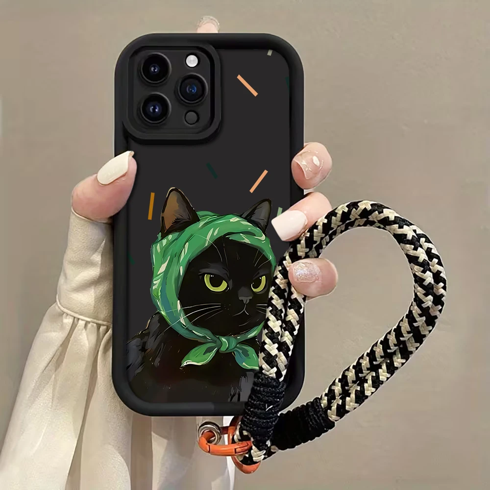 Ölgemälde-Katzen-Handyhülle mit Trageriemen für iPhone 11 12 13 14 15 16 17 Pro Max 15 14 13 Plus 17E Stoßfeste Matte Silikonhülle – Detail 3