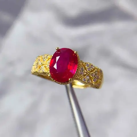2ct Heated Natural Ruby Ring for Women 7mm*9mm Burmese Ruby 925 Silver Ring Antique Look 18K Gold Plated Red Gemstone Ring
