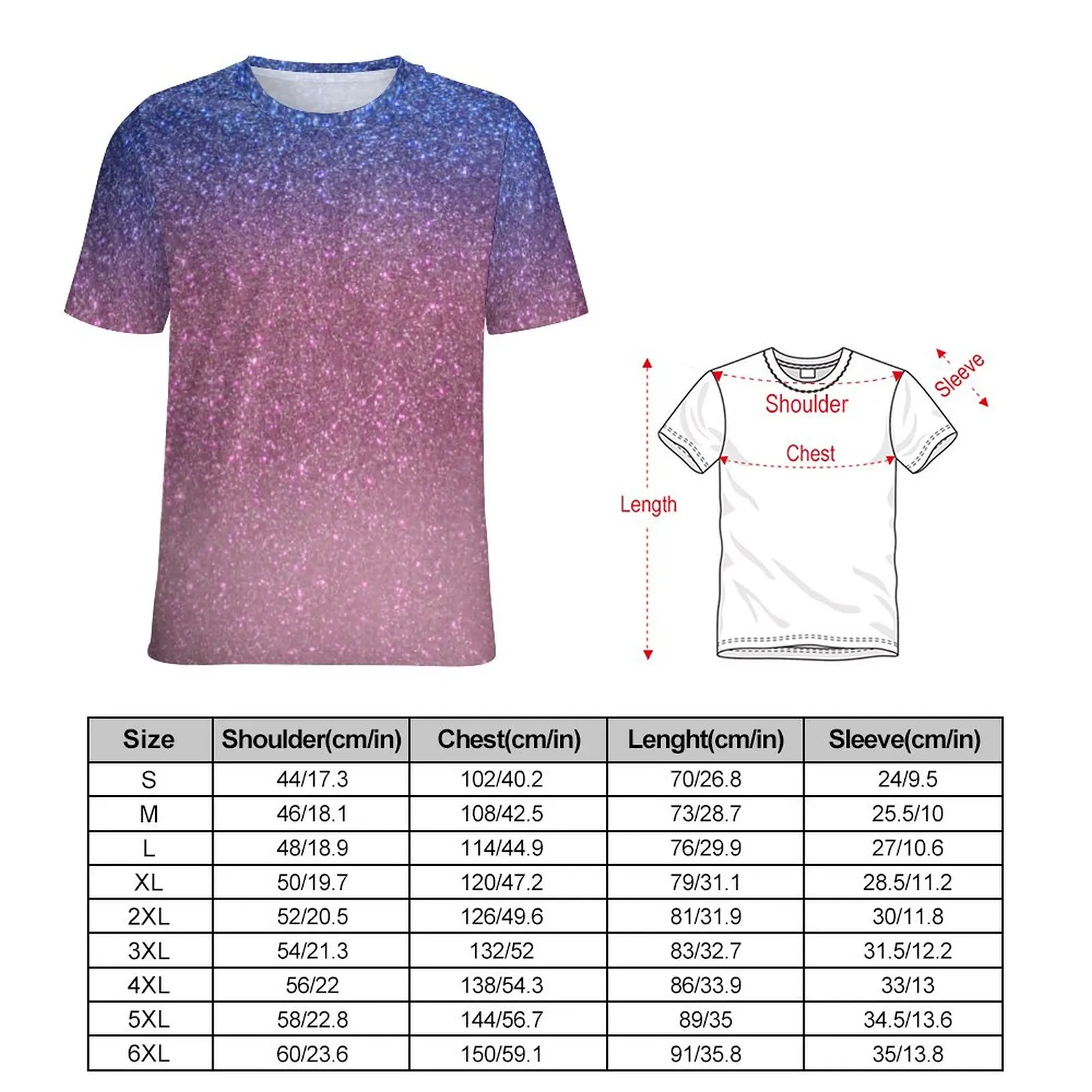 Glitter Ombre Pirnt T-Shirt Man Blue Pink Sparkly Casual T-Shirts Premium Vintage Tee Shirt Short Sleeves Graphic Plus Size Tops