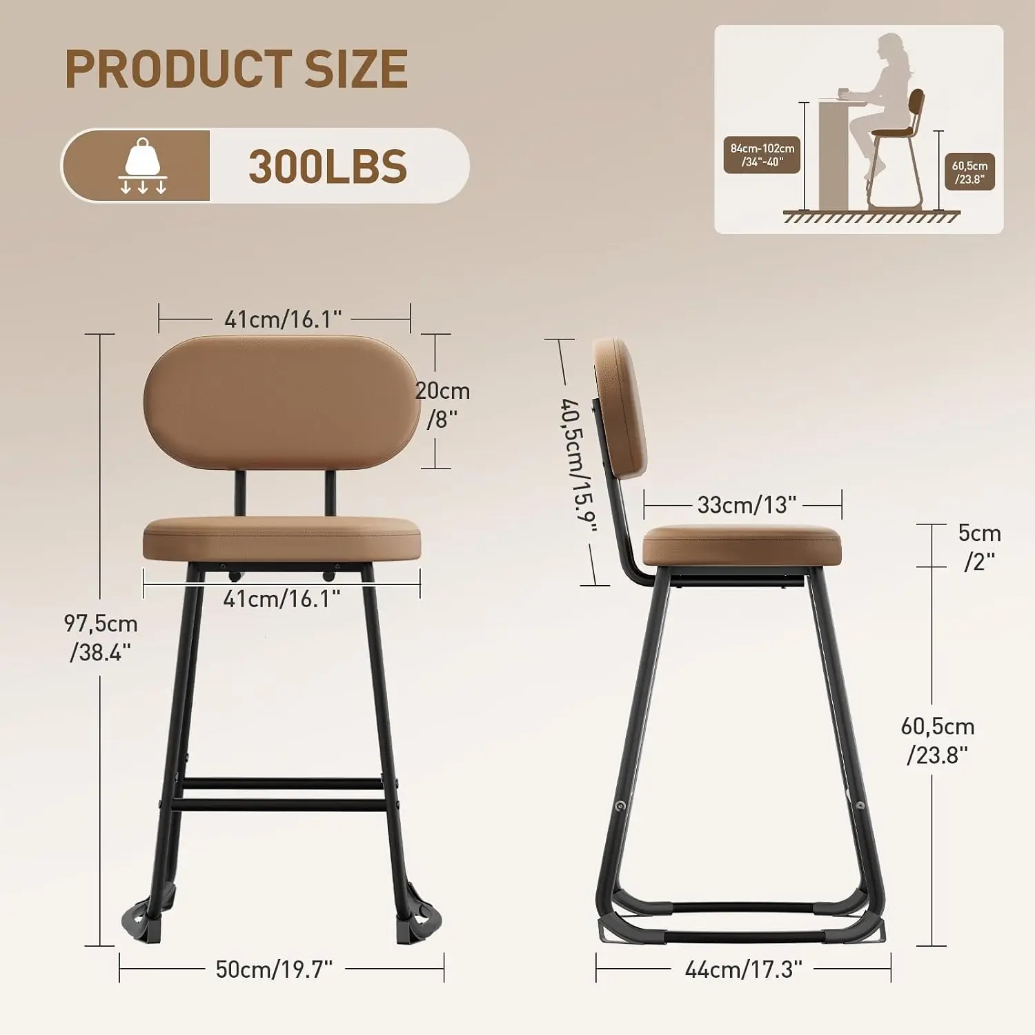 Bar Stools Set of 2, Counter Height Bar Stools, Modern Barstools Upholstered Bar Chair with Back & Footrest, Stool, Customized