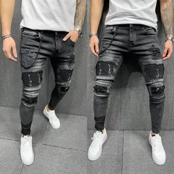 Calça elástica justa rasgada masculina, jeans hip hop, alta qualidade, clube, roupas de namorado, nova moda, primavera e outono, 2021, S-3XL