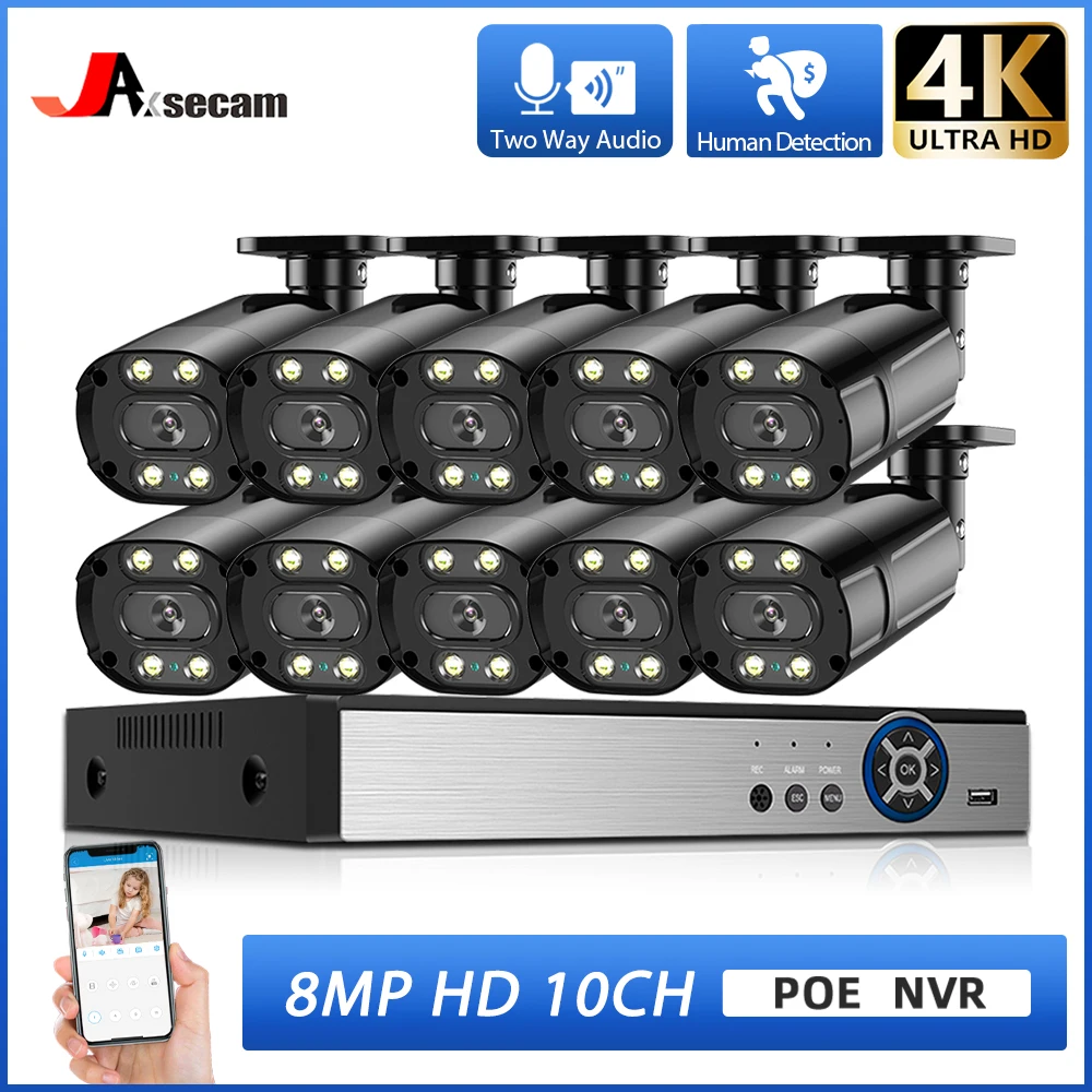 

10CH 4K POE Security Black IP Camera System 8CH 8MP POE NVR Kit Outdoor Color Night Vision CCTV Bullet Camera Surveillance Video