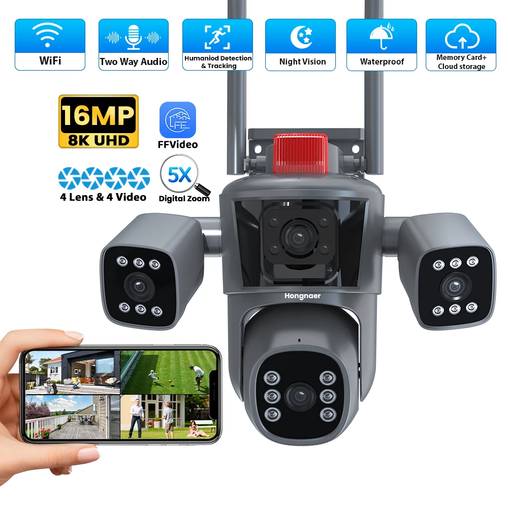 

Hongnaer 16MP 8K FFVideo APP Four Lenses Monitor Wireless Smart Home Video PTZ IP CCTV Outdoor WiFi Security Camera