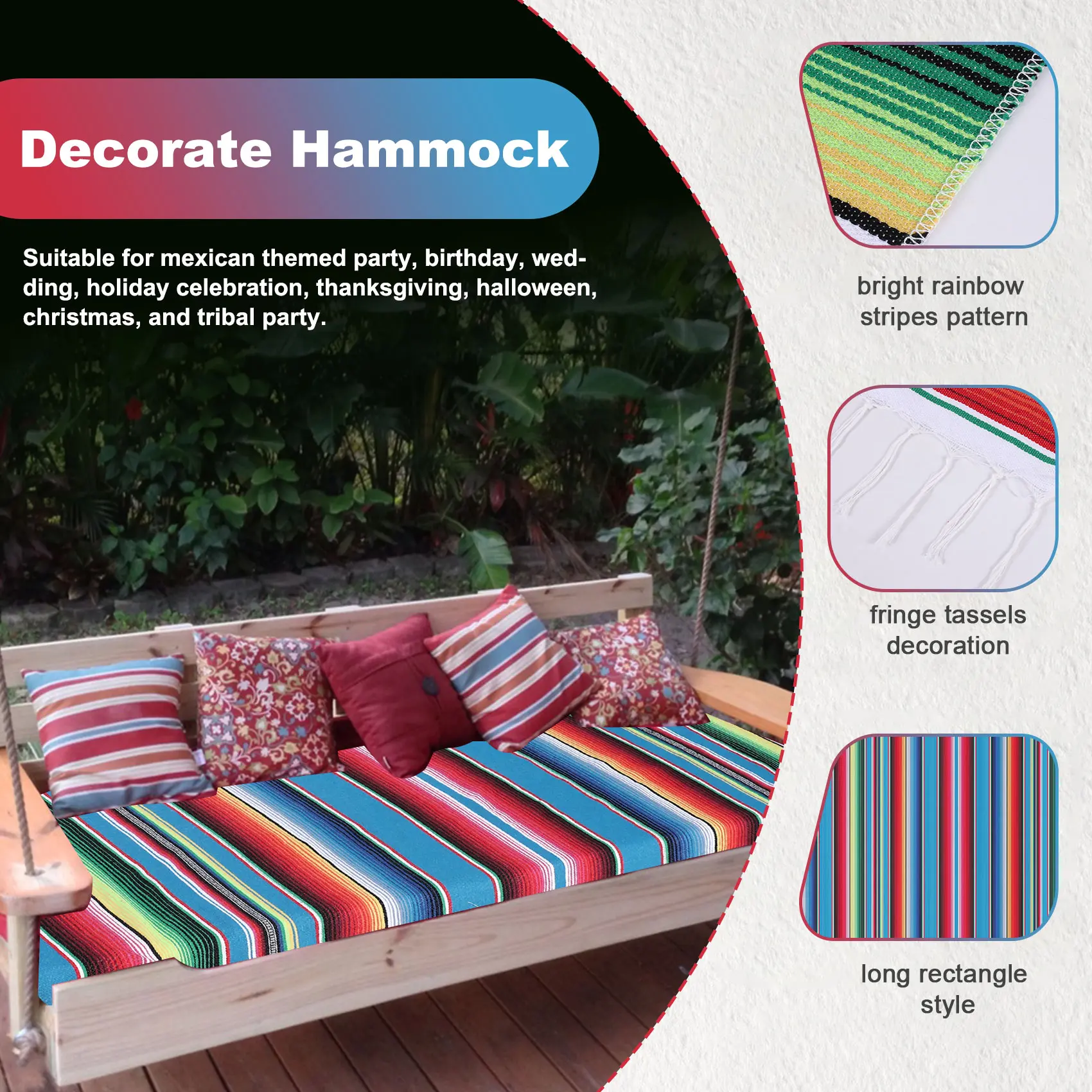 Mexican Blanket Sarape Picnic Rug Throw Tablecloth Hot Rod For Yoga Party-AT36