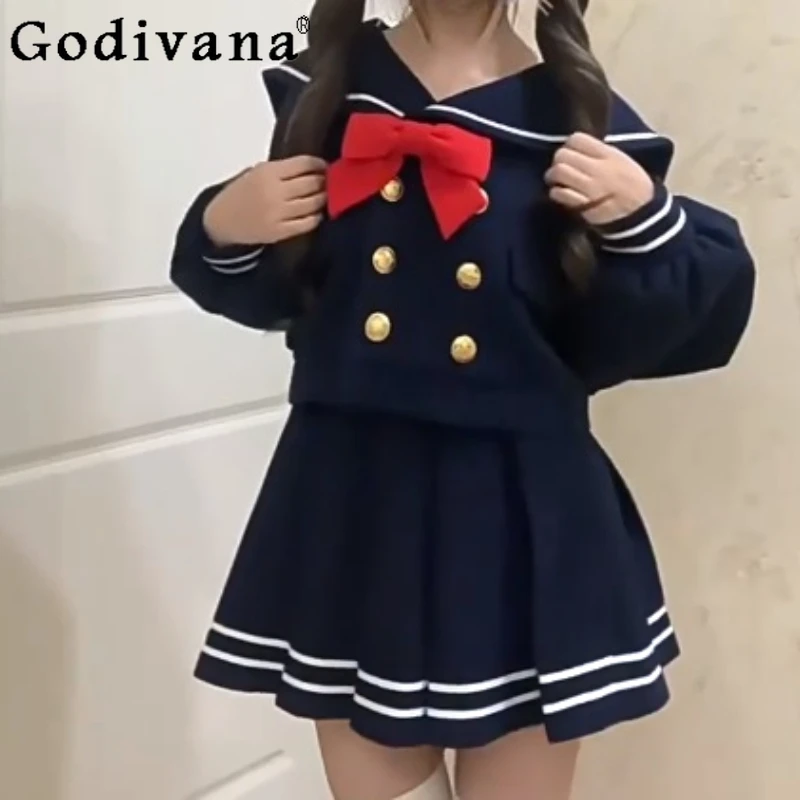 

Autumn College Sweet Bow Double-breasted Navy Neck Long Sleeve Top Fashion Girl High Waist A-line Pleated Skirt Japanese Sets
