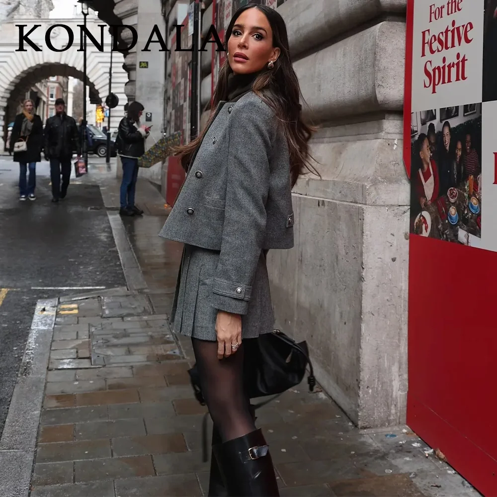 KONDALA 2025 Fall Winter Streetwear Women Suit Fashion Double Breasted Epaulet O Neck Jackets Chic Sashes Pleat Girl Mini Skirt