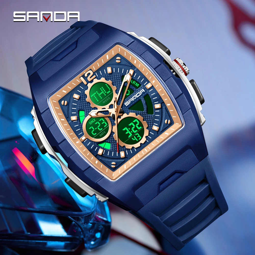 SANDA 3391 ساعة كوارتز إلكترونية عصرية للرجال بتقويم مضيء ومضادة للصدمات وساعة يد رياضية مقاومة للماء للرجال #3