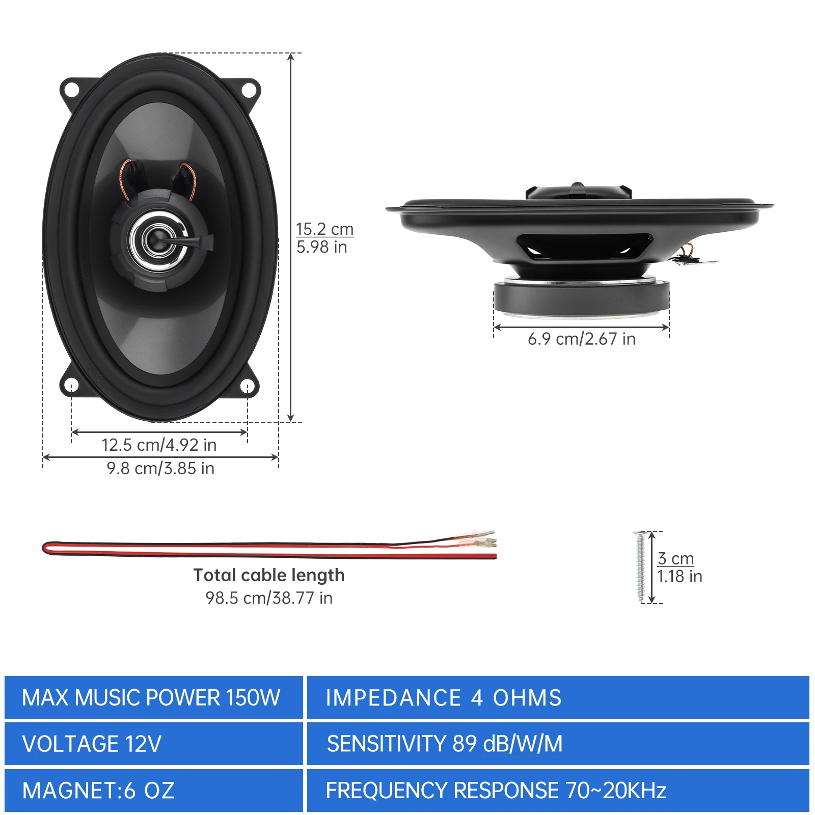 2pcs 4 x 6 Inch 150W Audio Full Range Frequency Coaxial Speaker, 2 Way Auto Music Stereo Hifi Speakerser