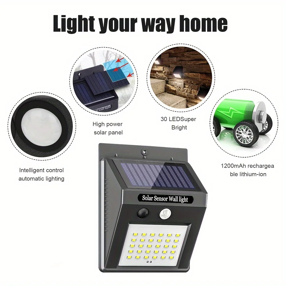 Luz LED Solar para exteriores, luz con Sensor de movimiento inalámbrico, impermeable y fácil de instalar, para jardines, caminos, pasillos, 1/2/4 piezas, 30 LED