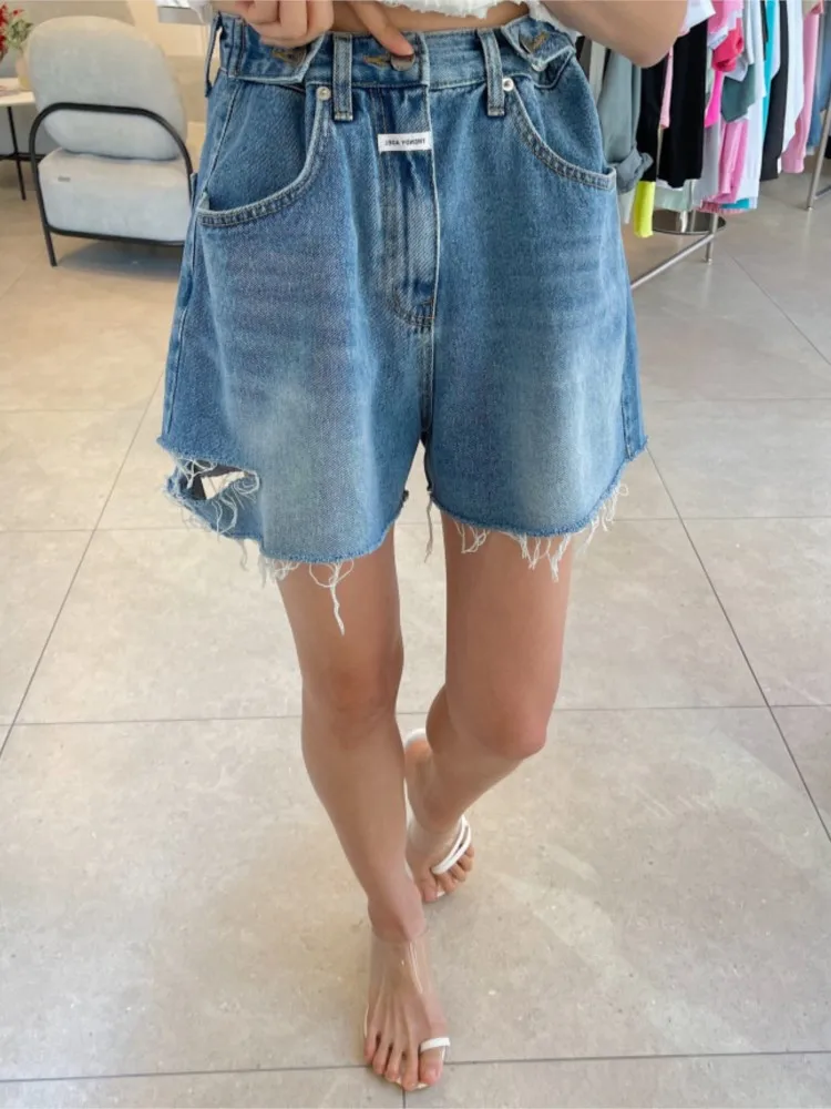 Mini shorts jeans retrô feminino, cintura alta, com buraco oco para fora, calça feminina, shorts de perna larga solta, moda coreana, verão