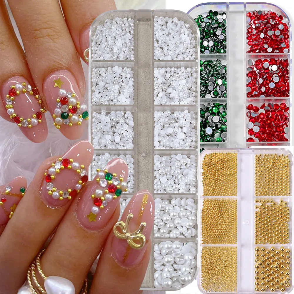 Christmas 12grids Half Round White Pearls Nail Rhinestones Mini Gold Stainless Steel Caviar Beads Red Green Glass Nail Gems Dec