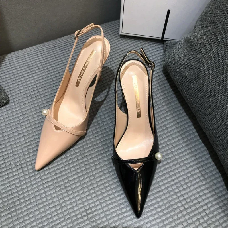 Summer New One line with Pearl Lacquer Leather Pointed High Heels, Thin Heels, Naked Colors, Versatile Sexy Women's Shoes