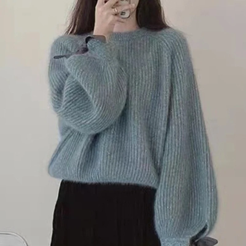 Pull ample en tricot pour femme, pull à la mode, Style paresseux, avec nœud papillon, manches lanternes, nouvelle collection automne hiver