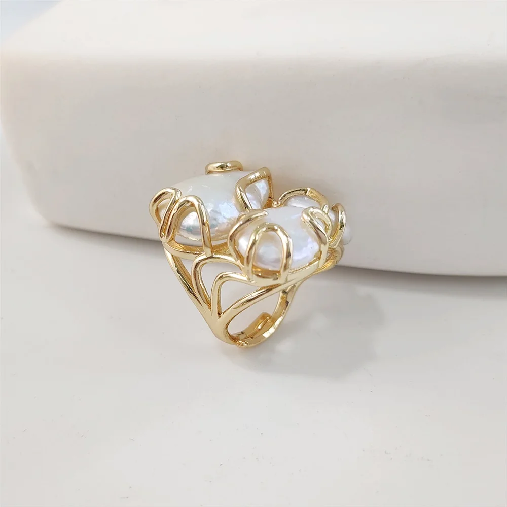 FUWO 1Pcs Gorgeous Natural Pearl Ring,Golden Color Plated Three Stone Adjustable Design,Elegant and Unique Jewelry RG052