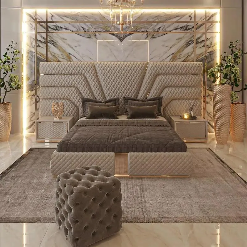 Luxury Queen Size Leather Bed Frame Hotel Style Bedroom Furniture Set Wholesale