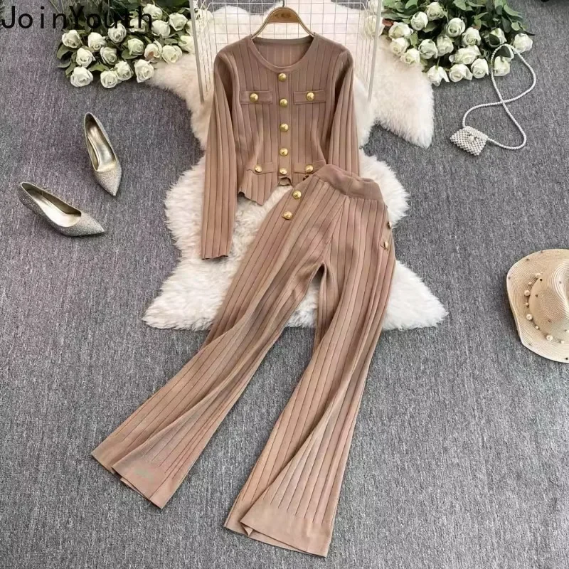 2 Piece Sets Womens Clothing Pants Outfits Single Breasted O-neck Crop Tops High Waist Straight Wide Leg Pants Suit Knitted Set