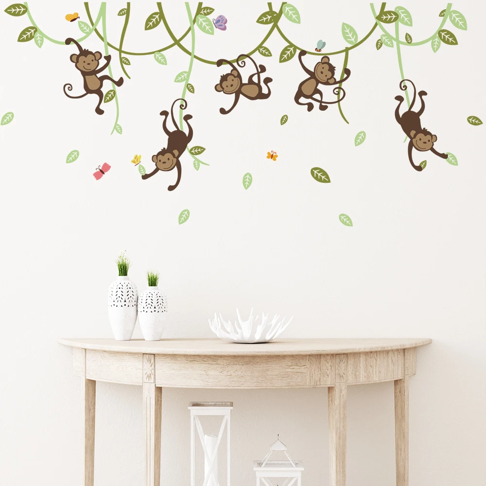 Monkey Vine Living Room Wall Stickers for Nursery Play room Kindergarten Decor Removable Self-adhesive Frosted PVC Kids Decals