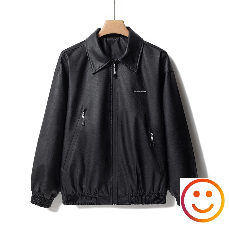 Vintage Leather zipper Jacket Tide Card Lapel Handsome Loose Casual Biker Heavy PU Leather workwear Jacket Coat for Men Women