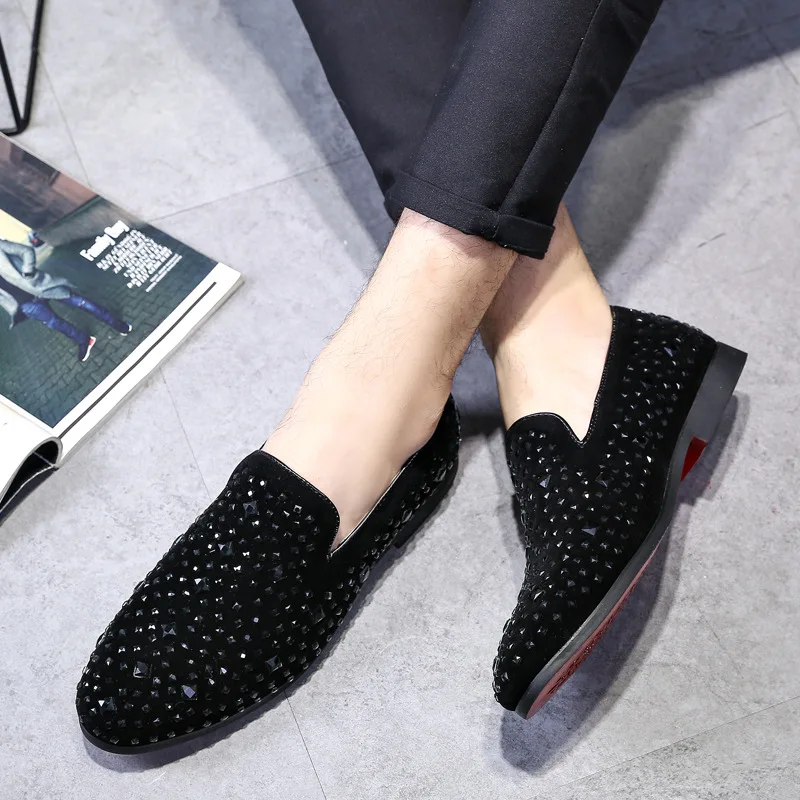 NEW Pointed Toe sequins Rhinestone Flat Shoes For Men Male Wedding Dress Prom Homecoming Shoes Zapatos Hombre Vestir