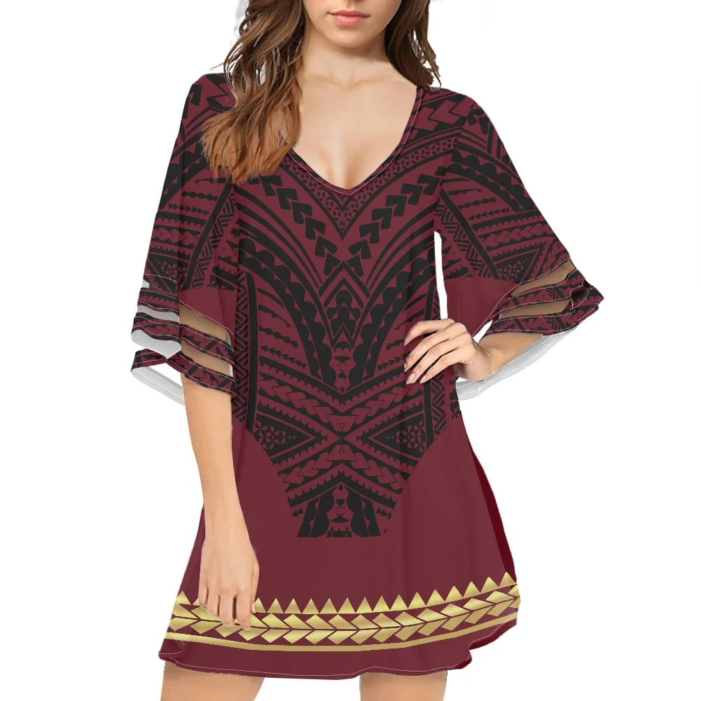 HYCOOL Chuuk Island Casual Sexy V Neck Middle Women Summer Lace Dress Flare Sleeve Yellow Polynesian Tribal Lady Party Dresses