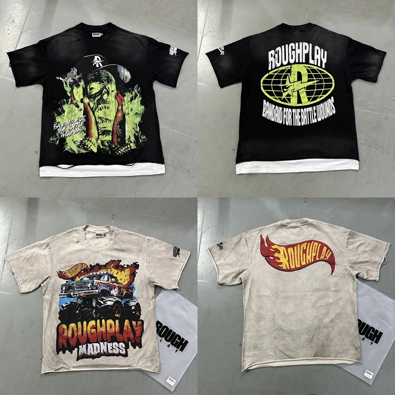 

Новые высококачественные настоящие фото мужские и женские топы ROUGHPLAY, повседневная американская уличная брендовая футболка с отверстиями, грубые игровые футболки