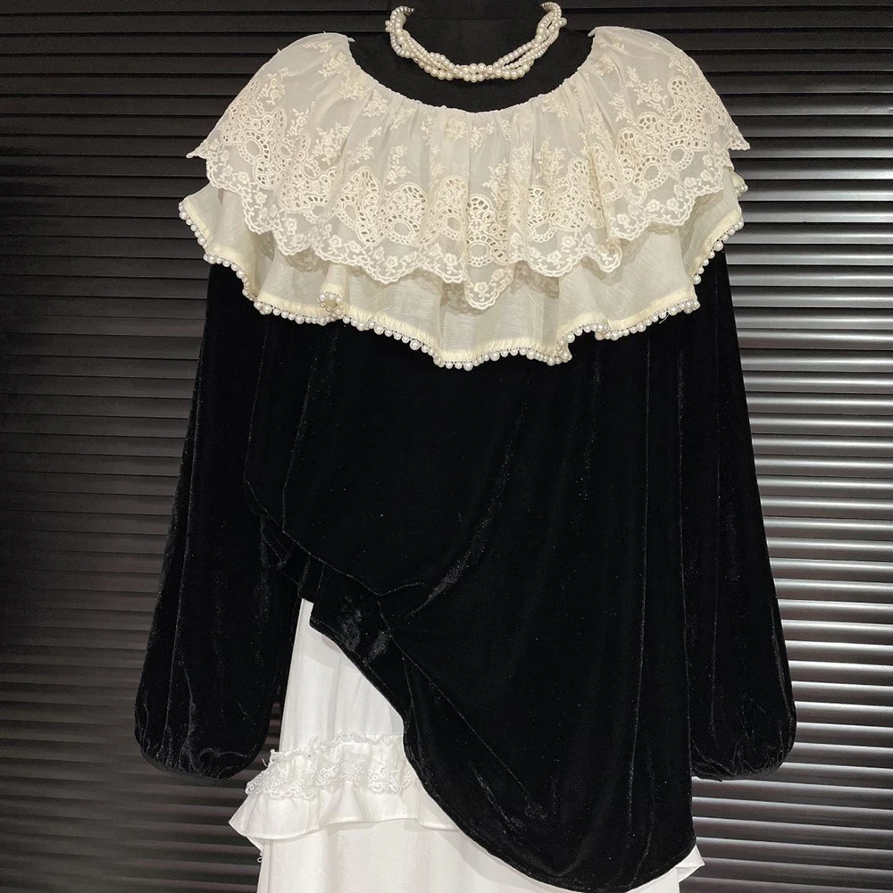Loose and versatile lotus collar doll shirt 2024 autumn new Korean  contrasting lace velvet shirt top  blusa  tops mujer