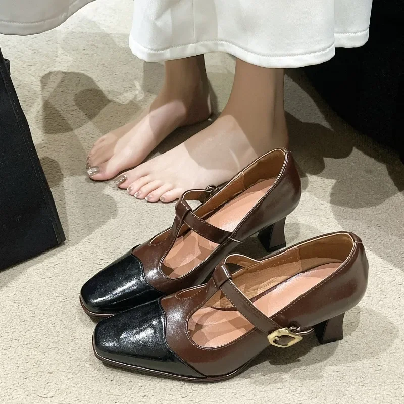

Women's 2025 New Square Toe Color Block Heel High Heeled Single Shoes Vintage Mary Jane Shoes