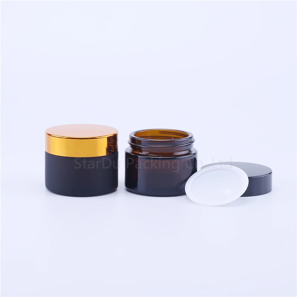 

50g Amber Glass Cream Jars Cosmetic Packaging With Lid Plastic Caps & Inner Liners Round Empty Small Glass Jars 200pcs