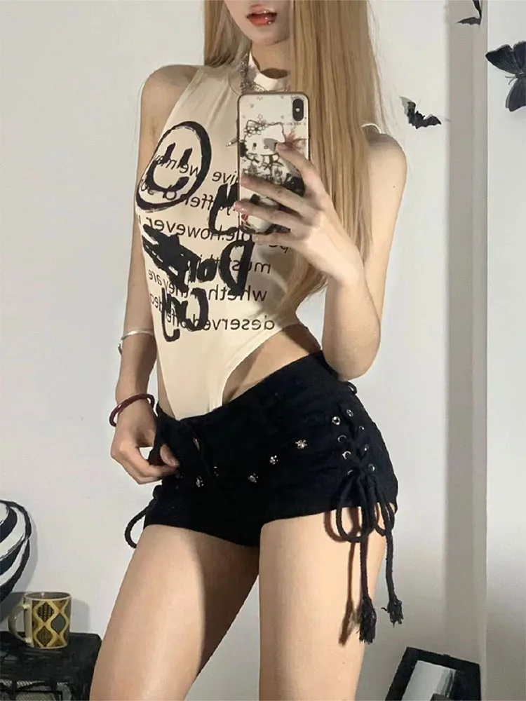 

2023 Women's Summer Lace Up Jean Shorts High Waist Denim New Shorts American Retro Style Y2K Gothic Streetwear Black Hot Pants