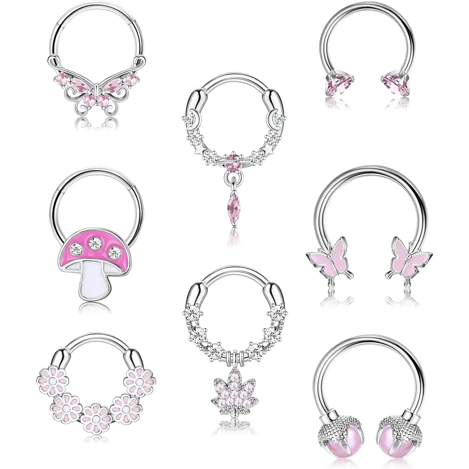 

Florideco 8pcs Pink Septum Rings Horseshoe Rings Stainless Steel Nose Rings for Women Pink Septum Butterfly Piercing Jewelry