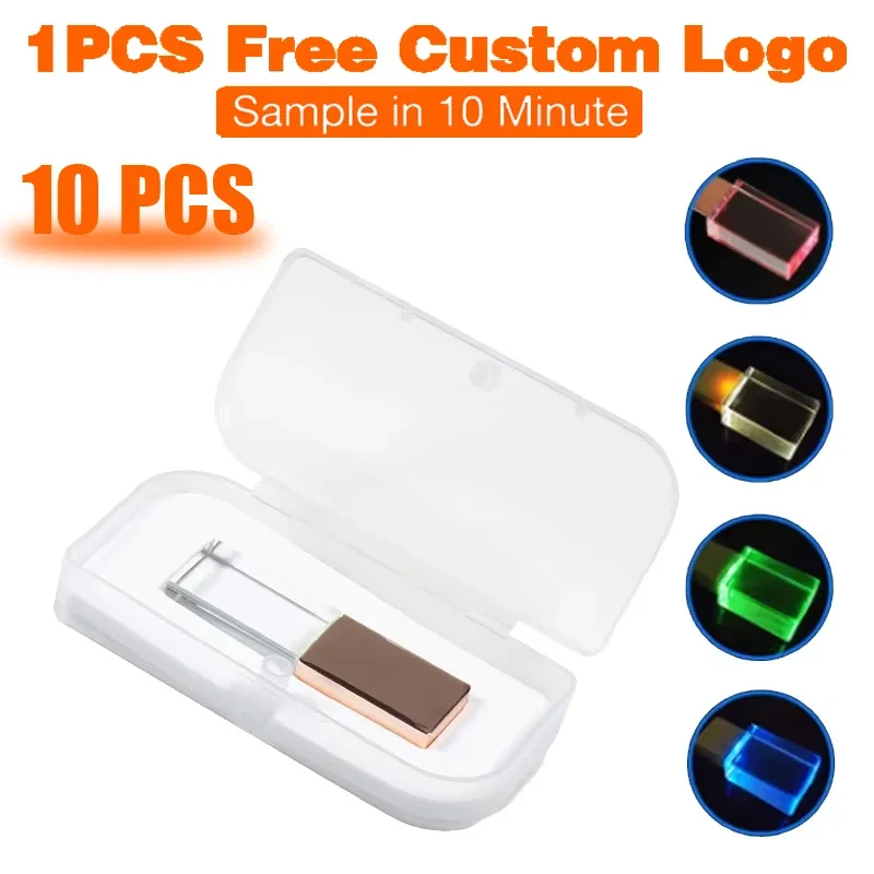 10 PCS LOT Crystal USB Flash Drive 128GB 64GB Free Custom Logo Pen Drive 32GB 16GB 3D Creative LED Memory Stick 8GB 4GB U Disk