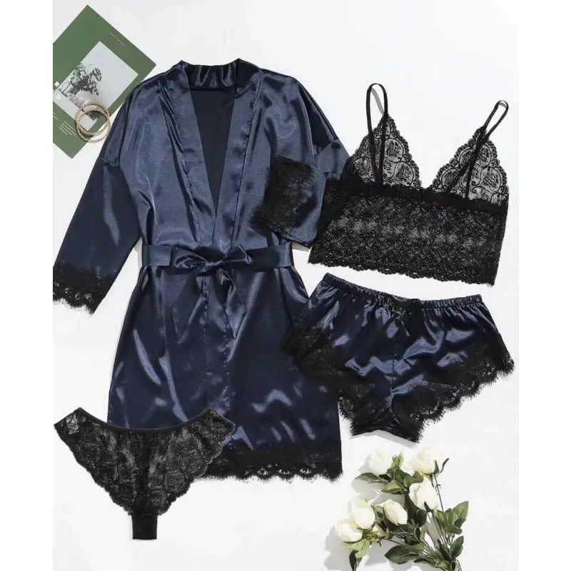 

Spring and Autumn Women's Sexy High-quality Lace Camisole Pajamas Soft Comfortable Breathable and Comfortable 4-piece Set