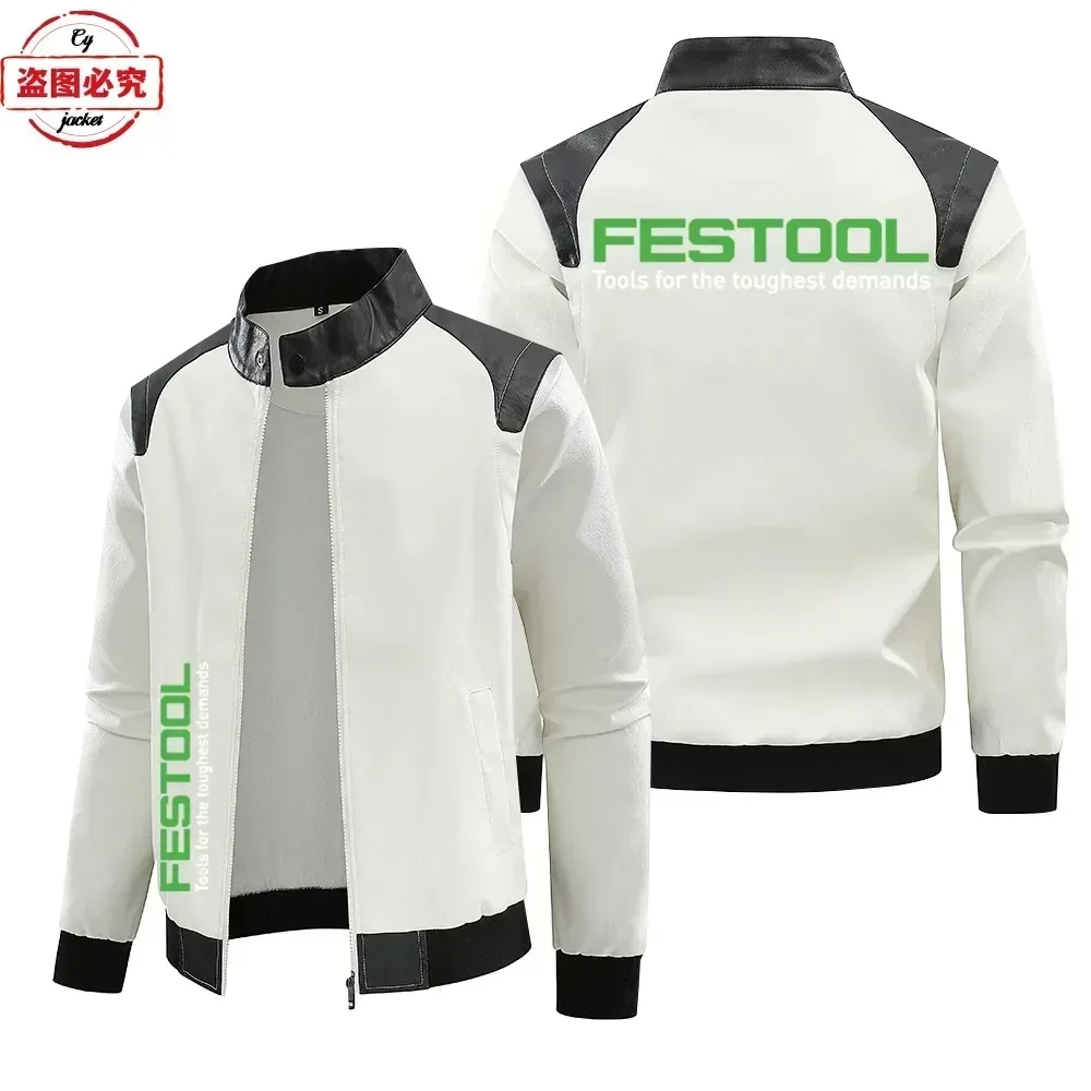 Festool Logo Printed Work Clothes Spring and Autumn Vintage Washed PU Leather Jacket Winter Plush Windproof Men's Jacket